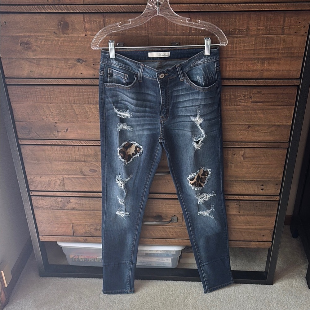 KanCan Dark Blue Distressed Jeans with Leopard Details